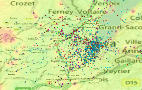 Figure 1: QoSIS service coverage in Geneva area (background colors indicate performance level, dots indicate separate network cells; status: end of 2012)