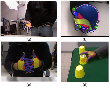 Figure 2: The framework developed has been employed to track (a) single hand (b) a hand interacting with an object (c) two strongly interacting hands and (d) the state of a complex scene where a hand interacts with several objects.