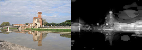 Figure 1: Left side: original image in the Pisa-Dataset. Right side: global saliency map computed by the visual attention model.