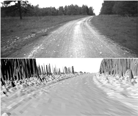 Figure 2: Top: camera image; bottom: map rendered from the camera's perspective.