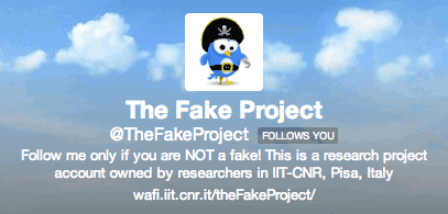 Figure 1: Screenshot of the Twitter account @TheFakeProject, used to launch the campaign for recruiting the real humans in a training dataset of Twitter accounts