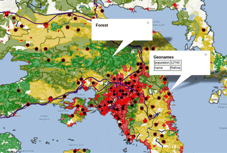 Figure 1: Fire product of 2009 in the prefecture Attica, Greece using linked earth observation data and Sextant.