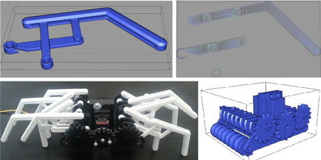 Figure2: A spider robot we designed with our software. Top left: An articulated leg designed to print as a single piece: no further assembly is required. Top right: The toolpath for plastic deposition on one layer, computed by our software. Bottom left: The final robot, entirely printed but for the servo motor and visible screws. Bottom right: The model of the body of the robot.