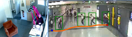 Figure 1: Extracted trajectories of  a person at home during the  preparation and eating of a meal (left )and people in a metro station while buying tickets (right).