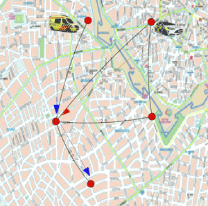 Figure 2: An example of a planned coordination generated by the system. In order for the ambulance to reach its destination in the least possible time (node e), a police car is dispatched in an intermediate location (node c).