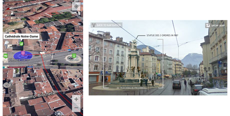 Figure 1: Examples of user interfaces seen as part of the cultural-heritage visitor application developed for Grenoble which uses augmented reality tools.