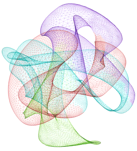Figure 1: 4elt sparse graph, partitioned into 4 balanced components that are indicated by colors. Very few links are on the border of regions with different colors. For her achievement [1] Fatemeh Rahimian received the Best Paper Award at the 7th IEEE International Conference on Self-Adaptive and Self-Organizing Systems in Philadelphia in September 2013. Moreover, in May 2014 she obtained a doctoral degree that was partly based on this work.