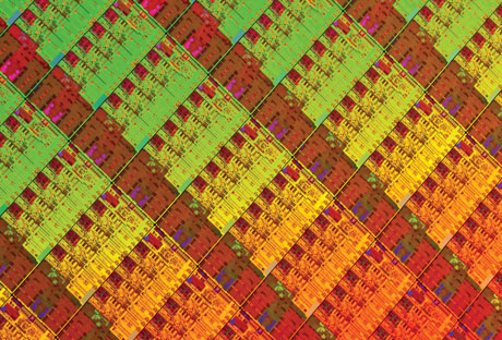 A chip processor wafer. Chip manufacturers are moving from single-processor chips to new architectures that utilise the same silicon real estate for a conglomerate of multiple independent processors known as multicores. 