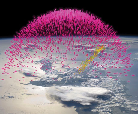 Figure 1: NASA’s illustration how gamma-rays (pink), and electrons and positrons (yellow) are launched into space from a thunderstorm. The electrons and positrons follow the geomagnetic field lines.