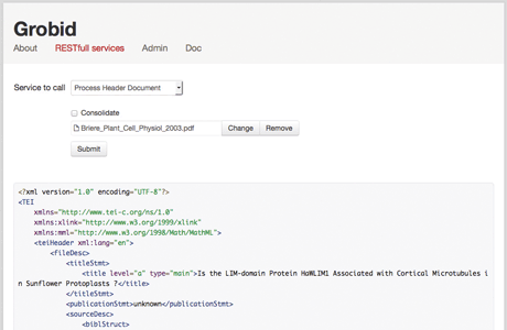 Figure 2: Online service for GROBID with TEI compliant export.