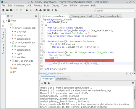 Figure 2: Snapshot of the GPS user interface for Ada and SPARK, displaying a program under development. The red line corresponds to a warning issued by the proof tool.