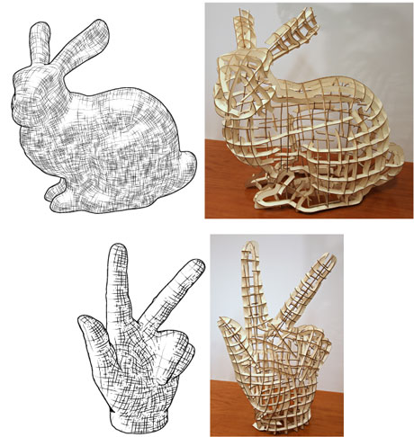 Figure 1: Starting from a 3D model with a cross field the Mesh Joinery approach allows to automatically generate flat cut arrangments that well approximate the original shape.