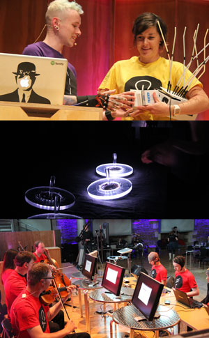 Figure 1: Music hackers interconnecting music technology to create interactive performances, new music interfaces or instruments.