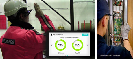 Figure 2: Examples of our first case studies: augmented reality gives information about the maintenance service object and instructions. The solutions are based on AR-glasses and gesture recognition. (Company cases from Konecranes and KONE).