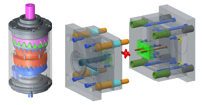 Figure 1: The two use case demonstrators that will be used to assess CAxMan developments: the NUGEAR (left) and an Injection Mould (right).