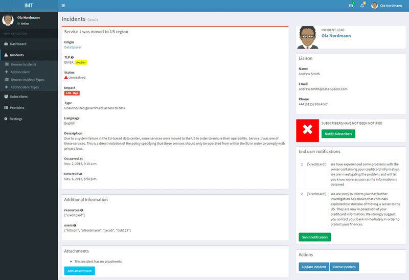 Figure 1: IMT dashboard description: In the upper right corner, the current incident handler (‘Ola Nordmann’) is indicated, with icons indicating active alerts and pending messages. Below that, there is the lead handler for the current incident. Below the lead handler, there are contact details for the liaison at the originating provider. The next box down indicates whether downstream subscribers have been notified of the incident. At the bottom, there are action buttons to derive an incident or update the incident with more information.