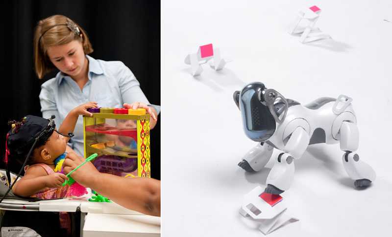 Figure 1: Curiosity-driven learning in humans and robots (left: photo by Adam Fenster/Univ. Rochester; right: Milo Keller/ECAL).