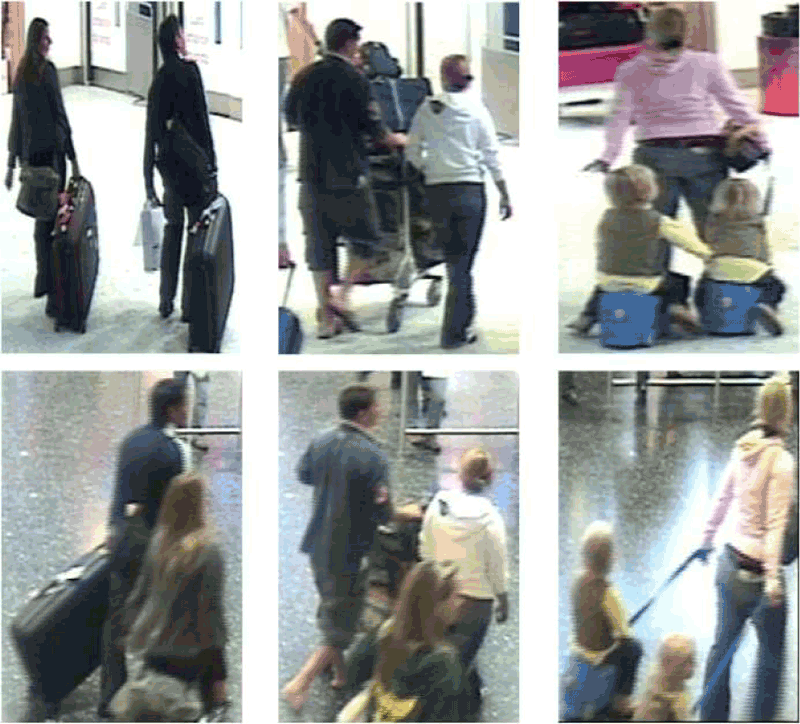 Figure 1: Three groups of people captured from two different cameras in a surveillance network. Persons are often facing away from the camera and their appearance changes from one camera to another due to illumination.