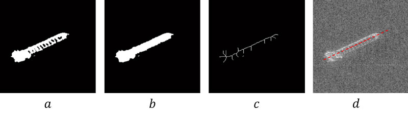 Figure 2:  Pipeline of processing to estimate the bearing angle of the ship in Figure 1: a) optimal binary thresholding, b) morphological closing, c) morphological skeletonisation, d) line detection by Radon transform.
