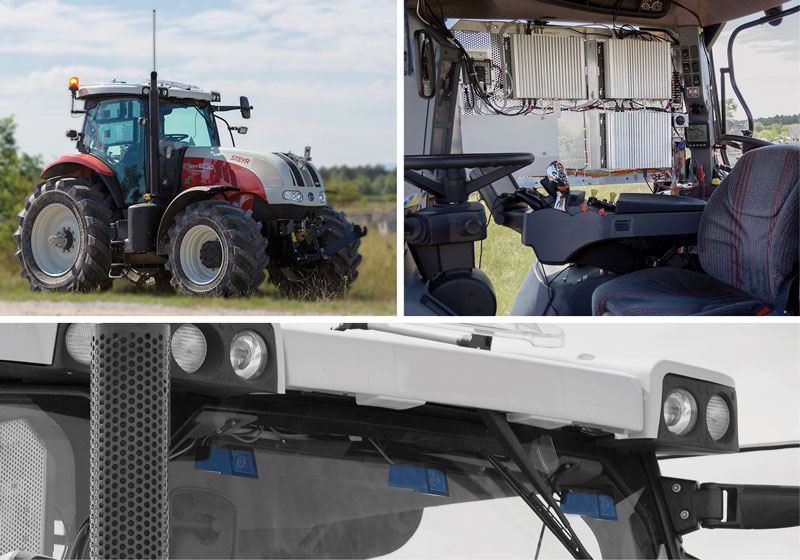 Figure 1: Top left: research platform Steyr 6230 CVT, Top right: additional computers running dedicated software (3x Intel i7 Ivy Bridge), Bottom: windshield mounted AIT stereo camera system (light blue).