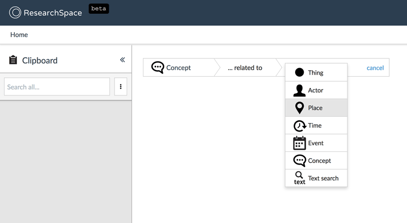 Figure 2: UI of ResearchSpace fundamental categories and relations query tool, ©ResearchSpace.