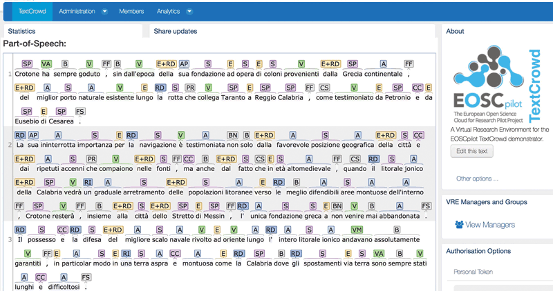 Figure 1: Part-of-speech recognition in TEXTCROWD using OpenNER framework.