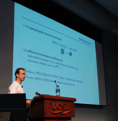 Marc Stevens at the CRYPTO 2017 Best Paper Award lecture. 