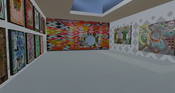 Figure 1: Screenshot of the Biennale 4D prototype, showing the virtual reconstruction of the 2007 art exhibition in the “Malerei” hall of the Swiss pavilion. 