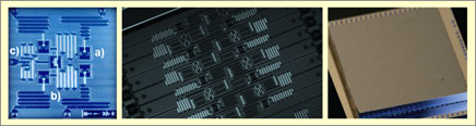 Figure 2: An experimental 5-qubit (left) and 16-qubit (mid) device as used in the publicly available “IBM Q experience” and a package as used for the upcoming 20/50 qubit devices (right). For further details see text.