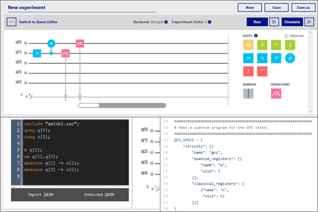 Figure 3: The three “IBM Q experience” web interfaces – graphical user interface (top), OpenQASM assembler (bottom left) and the Quantum Information Software Kit (bottom right) – give access to the experimental five and 16 qubit circuits.