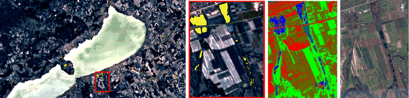 Figure 2: Wetland mapping on Lake Balaton - The test patches of the wetland database are shown in yellow, followed by the MRF-based multitemporal segmentation [2] and the test site in Google Maps.