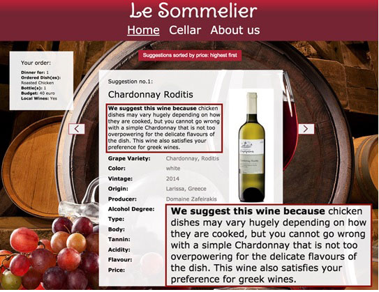 Figure 2: A part of Le Sommelier user interface depicting the recommended wine along with a justification.