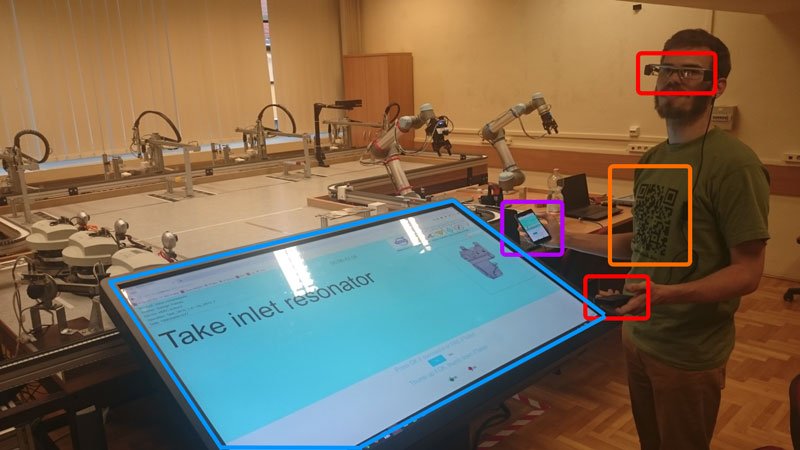 Figure 2. Demonstration of an automotive assembly case study using the HMIC system. The devices available for the user are a large touchscreen, a smartphone and an AR-glass. 