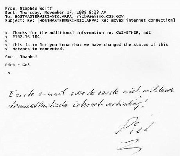 The confirmation of the first open transatlantic Internet connection between CWI and the United States . Source: Piet Beertema. 