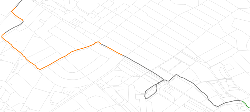 Figure 2:  Road environment types ‒ namely, downtown (orange line), industrial/commercial (dark grey line), and residential (green line) environments ‒ inferred by a modular full ANN along a route in Csepel, Hungary. (Map data: OpenStreetView, map-editor: QGIS 2.8.1.)