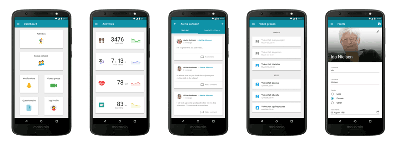 Figure 1: Prototype of the WellCo mobile application with information about activities, social network, video conversations, and user profile.