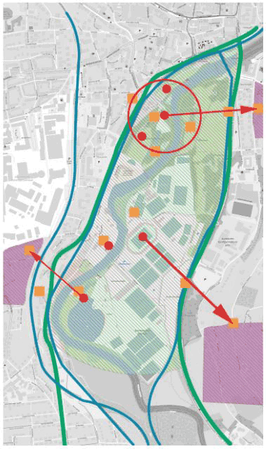 Figure 1: Targeted area in the city of Jena, Germany. Orange squares represent acoustic sensor units. Purple illustrates residential areas. Red circles show example sound emission locations. Streets are green and train and tram tracks are blue. Red arrows connect sound emission locations and nearby residential areas.