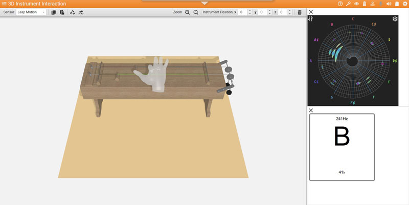 Figure 1: The iMuSciCA cross-disciplinary approach, among many other activities, allows the design of virtual 3D virtual instruments using real-world physical quantities, along with informative visualisations of sound (timbre/harmonics) and music.