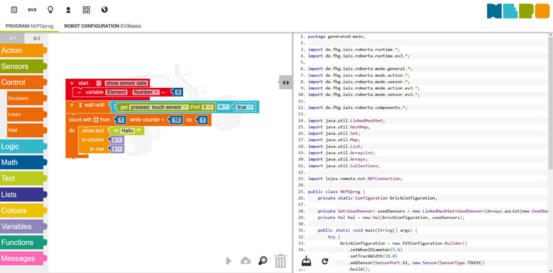 Figure 1: the Open Roberta Lab. On the left the NEPO blocks, on the right the corresponding generated source code.