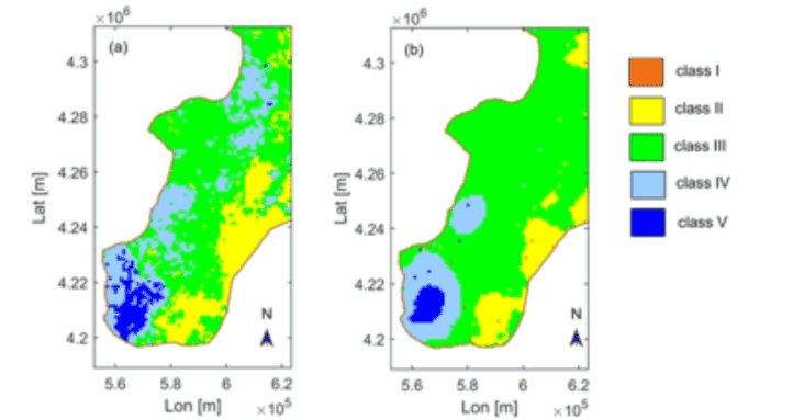 Figure 3: An example of the areal rainfall field estimation for Calabria (left, using our method, right using KED).