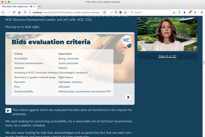 Figure 1: Screenshot of a medium-size browser window with the slides and the transcript on the left and a small video on the right. 