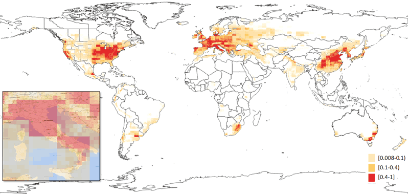 Figure 1: Global-scale probability distribution of the COVID-19 infection rate produced by Coro’s (2020) model, with Italy magnified at the lower-left hand side (situation of March 2020).