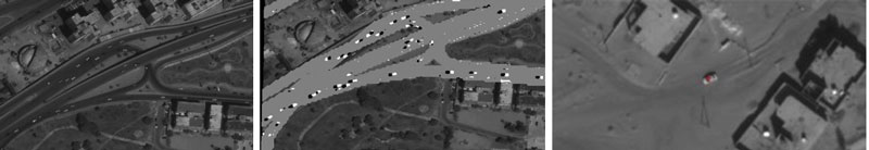Figure 1: Left: Panchromatic WorldView-2 image of a city with traffic activity. Centre: After the roads have been extracted, PCA produces an output image in which neighbouring dark and bright polygons are visible, an indication of moving vehicles. Right: WorldView-3 image of a rural area showing the detection of a moving vehicle on a dirt road using the same methodology. 