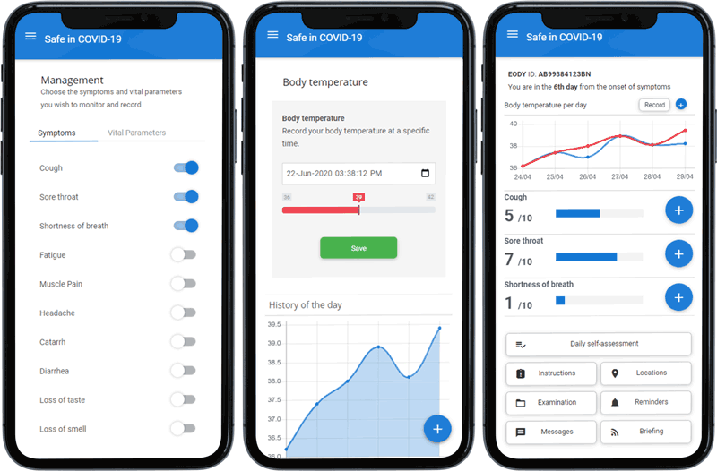 Figure. 1: The mobile app |FORTH-ICS developed for Citizens staying “Safe in COVID-19” (in Android/iOS).