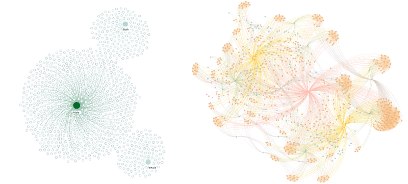 Figure 2: (a) Relationship between the dataset analyses and the sex and (b) the dataset analyses with related nodes.