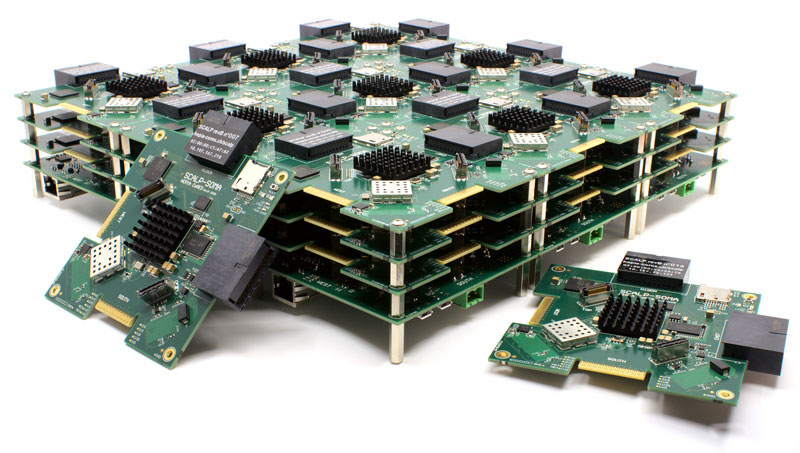 Figure 2: The SCALP platform, a set of FPGAs and processors with 3D topology, was designed to evaluate self-organisation mechanisms on cellular machines. Algorithms based on cellular self-organising maps are the basis of the self-adaptation properties.
