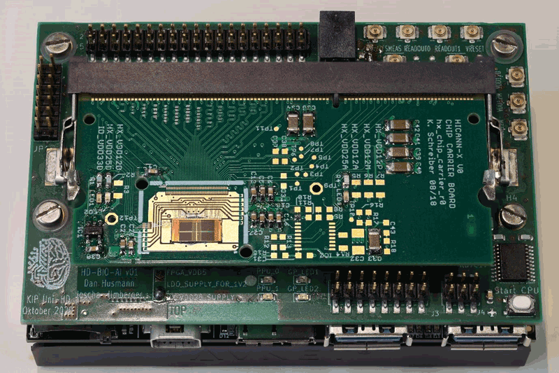 Figure 1: The most recent addition to the BrainScaleS family of analogue accelerated neuromorphic hardware systems is a credit-card sized mobile platform for EdgeAI applications. The protective lid above the BrainScaleS ASIC has been removed for the photograph.
