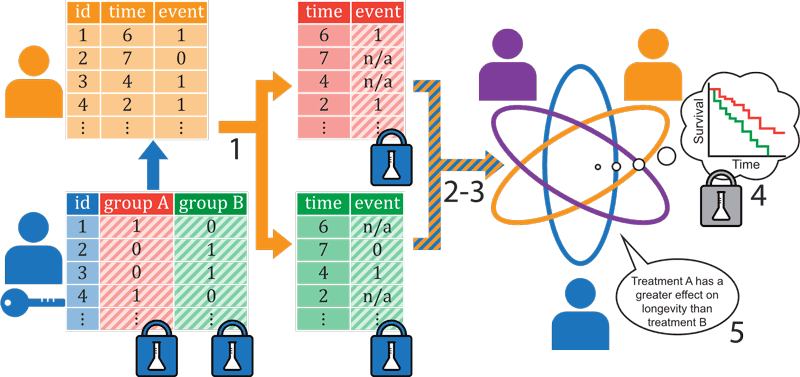 Figure 1: The protocol to securely compute the log-rank statistic for vertically-partitioned data. One party (Blue) owns data on patient groups, the other party (Orange) owns data on event times (did the patient experience an event ‘1’ or not ‘0’, and when did this occur). Protocol outline: Blue encrypts its data using additive homomorphic encryption and the encrypted data is sent to Orange. Orange can securely, without decryption, split its data in the patient groups specified by Blue (1) using the additive homomorphic properties of the encryptions. Orange performs some preparatory, local, computations (2) and with the help of Blue secret-shares the data (3) between Blue, Orange and Purple, where Purple is introduced for efficiency purposes. All parties together securely compute the log-rank statistic associated with the (never revealed) Kaplan-Meier curves (4) and only reveal the final statistical result (5).