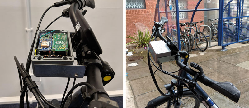 Figure 1: The E-bike Telematics System: (left) the devices fitted to a host e-bike during a lab trail. The lid of the waterproof enclosure has been removed to expose the internal electronics; and (right) the device after it has been fitted to an e-bike as part of the two-year-long REPLICATE technology deployment.