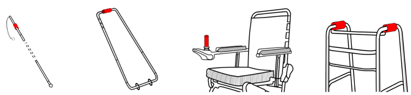 Figure 1: Four envisaged applications for the proposed handle (shown in red): white cane, precane, power wheelchair, and walker. DORNELL will provide multiple haptic sensations to convey feedback about the surrounding environment, e.g., path to follow, presence of obstacles, retrieving information from internal and external sensors, e.g., ultrasonic sensors mounted on a power wheelchair. Its functions will be easy to customize for each person and diverse mobility aid solutions.